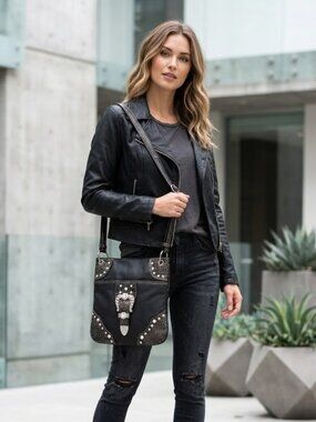 Carlo G. Black Rhinestones Decorated Crossbody Bag Top Zip Closure Shoulder Bag